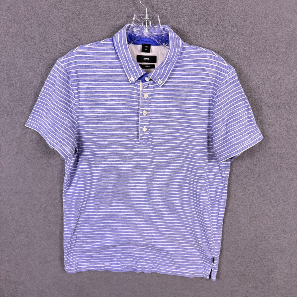 Hugo Boss Polo Shirt Mens Large Blue Striped Slim Fit Short Sleeve Cotton Blend
